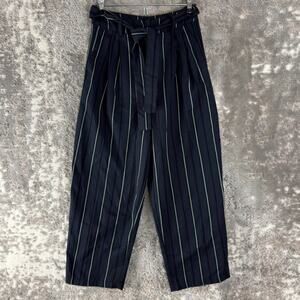 Pull & Bear‎ Size 4 Ankle Striped Tie Waist Navy Pants Zip Casual